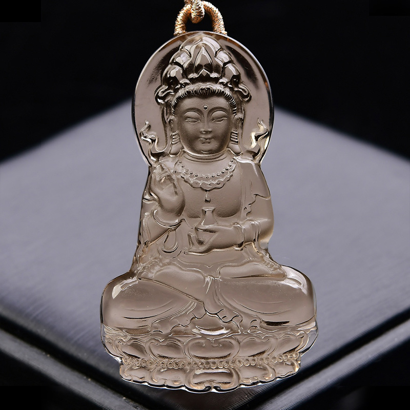 天然茶水晶观音吊坠玉石项链柳枝净瓶观世音菩萨男士女款玉坠礼物