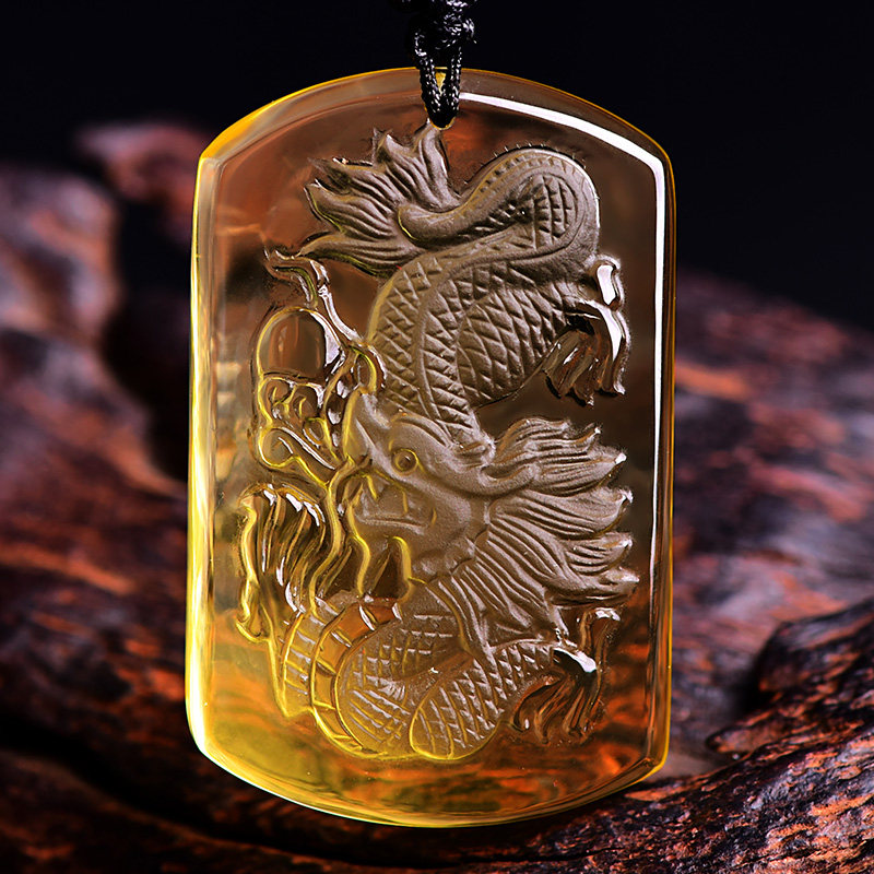 天然黄水晶龙牌吊坠男老矿飞龙旋运吊坠挂件神龙护主龙腾四海