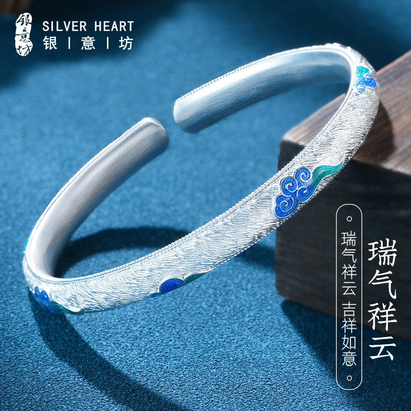 银手镯女9999纯实心款开口珐琅足银镯子2026新款轻奢小众生日礼物