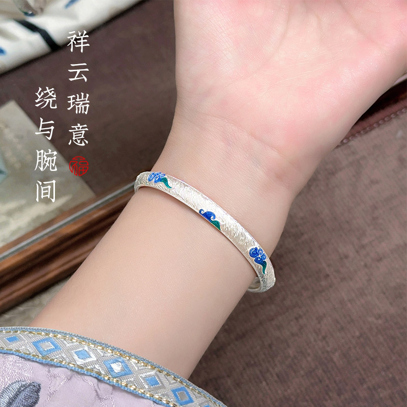 银手镯女9999纯实心款2026新款首饰珐琅彩银镯子开口生日礼物女生