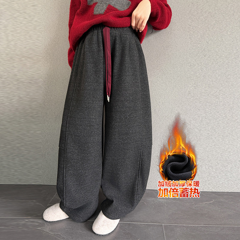 女童加厚羊绒呢针织阔腿裤秋冬2025儿童新款加绒宽松休闲弯刀裤子