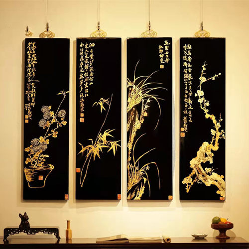 红木挂画手绘描金梅兰竹菊