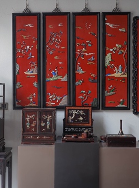 百宝嵌挂屏四条屏别墅豪宅会所酒店茶室画室书房家居红木装饰挂画