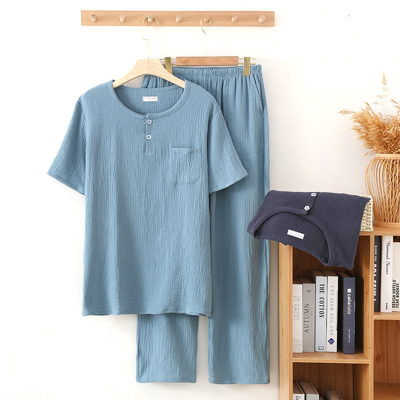 夏季纯棉纱布男士短袖两粒扣圆领长裤睡衣家居服两件套套装可外穿