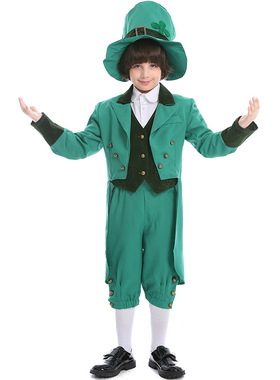 元旦演出服圣帕里克纪念节爱尔兰绿色妖精男童 儿童表演晚会服装