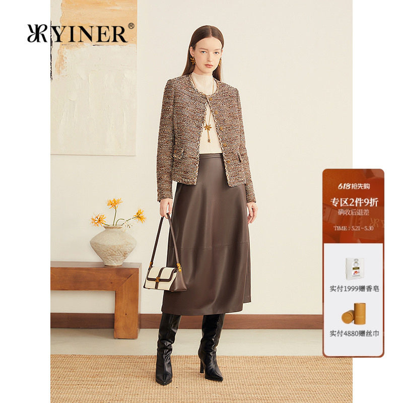 YINER音儿专选女装冬季法式优雅小香风粗花呢金葱闪丝短外套