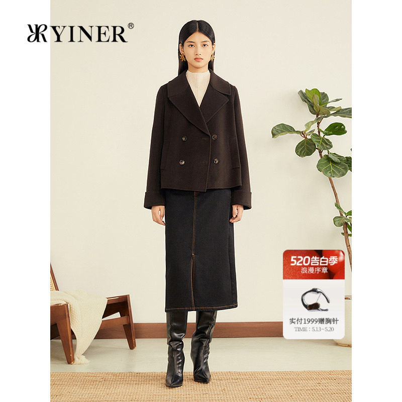 YINER音儿专选女装冬季短款翻领羊毛羊绒混纺双面呢大衣外套