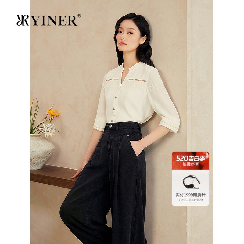 YINER音儿女装夏季法式优雅镂空拼接半开领真丝衬衫上衣