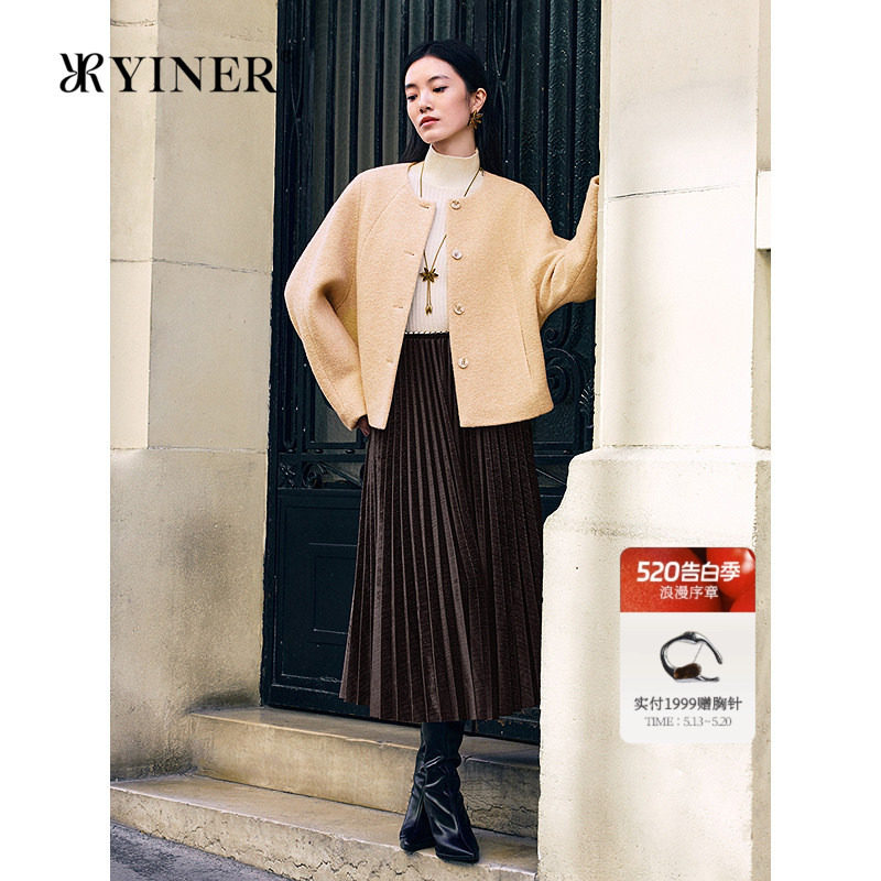 YINER音儿女装冬季法式圈圈尼肌理黑牛绒羊毛混纺毛呢短外套
