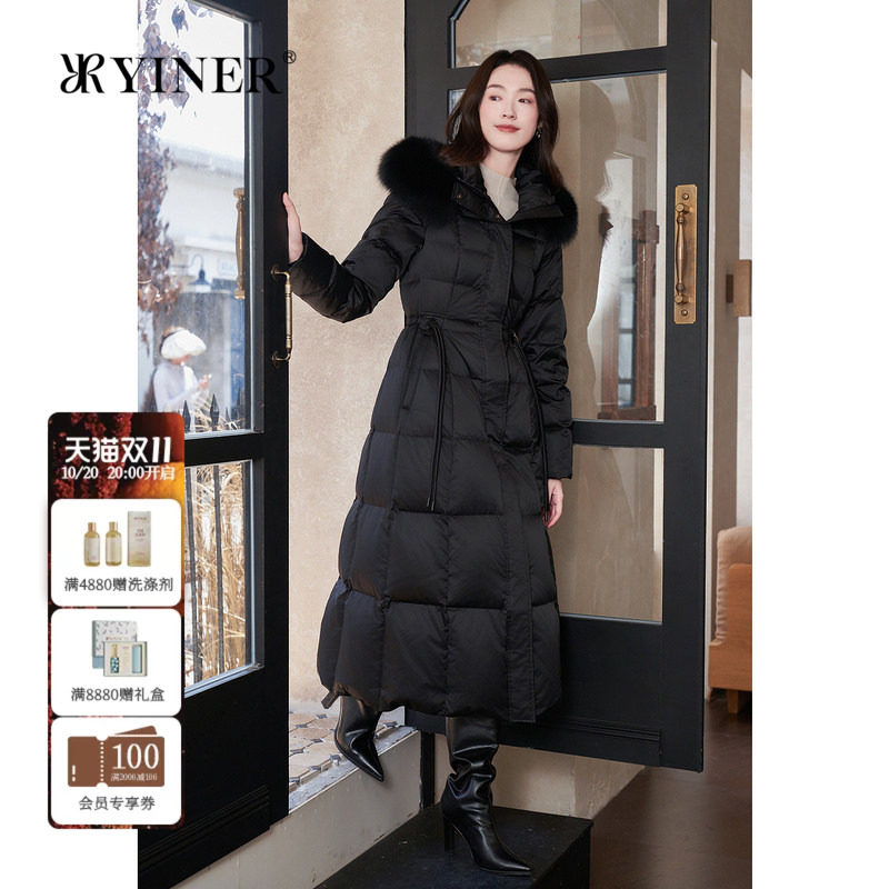 YINER音儿女装冬季长款过膝高克重保暖狐狸毛领连帽白鹅绒羽绒服