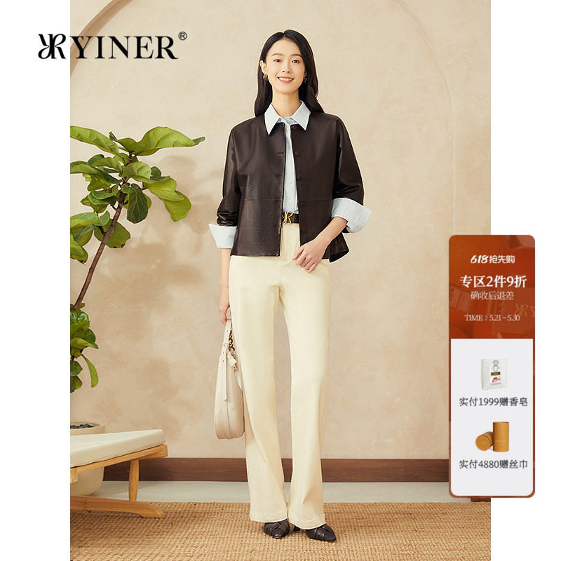 YINER音儿专选女装春季美拉德微茧型小羊皮真皮皮衣夹克外套