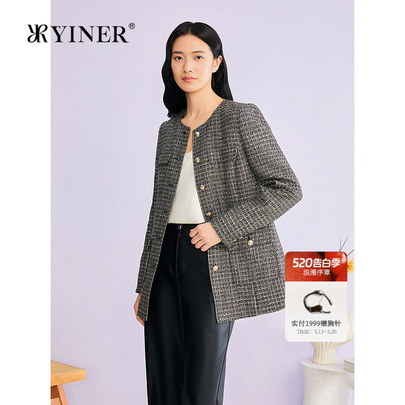 YINER音儿专选2026春季新款小香风亮丝粗花呢一手长圆领外套