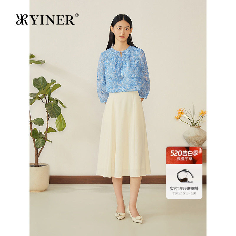 YINER音儿专选女装夏季法式方格雪纺纱印花衬衫知性轻上衣