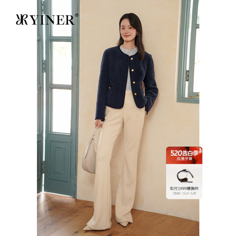 YINER音儿专选冬季法式短款圆领保暖环保羊毛皮草外套