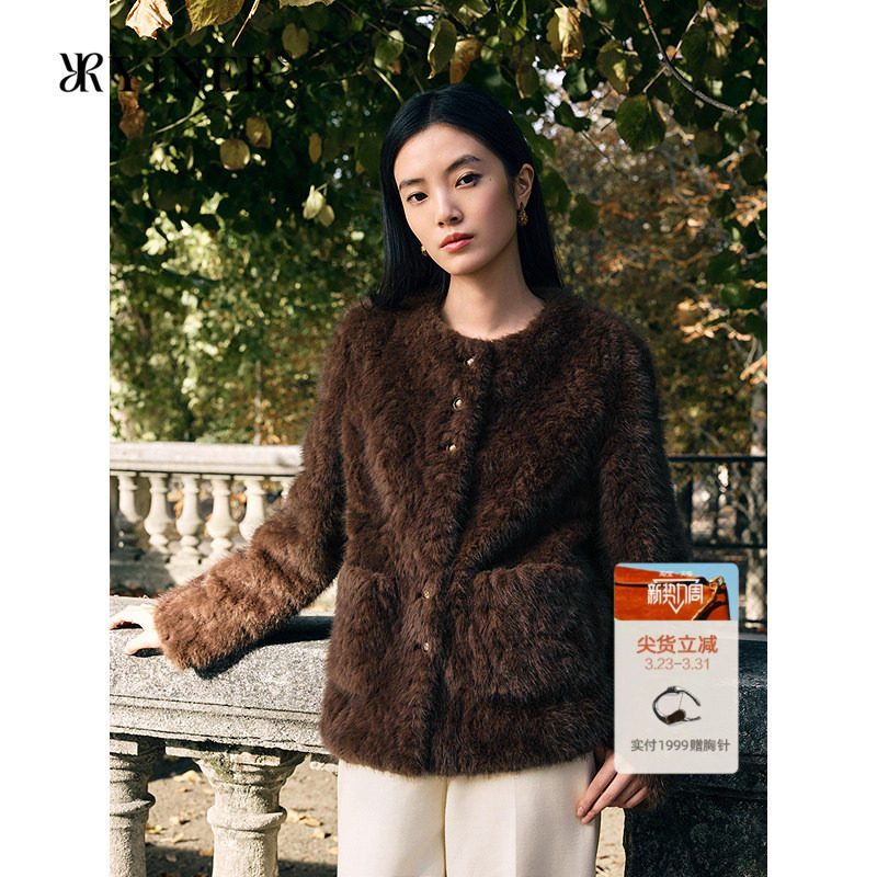 YINER音儿专选2025冬季新款法式优雅利落H型圆领环保皮草短