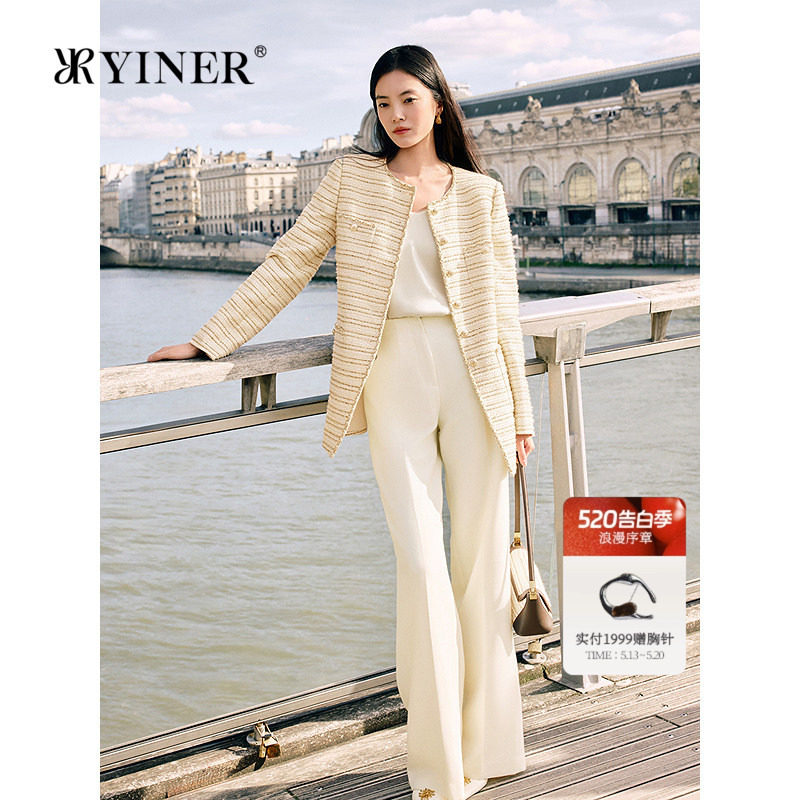 YINER音儿女装冬季法式小香风金葱提花亮丝粗花呢圆领外套