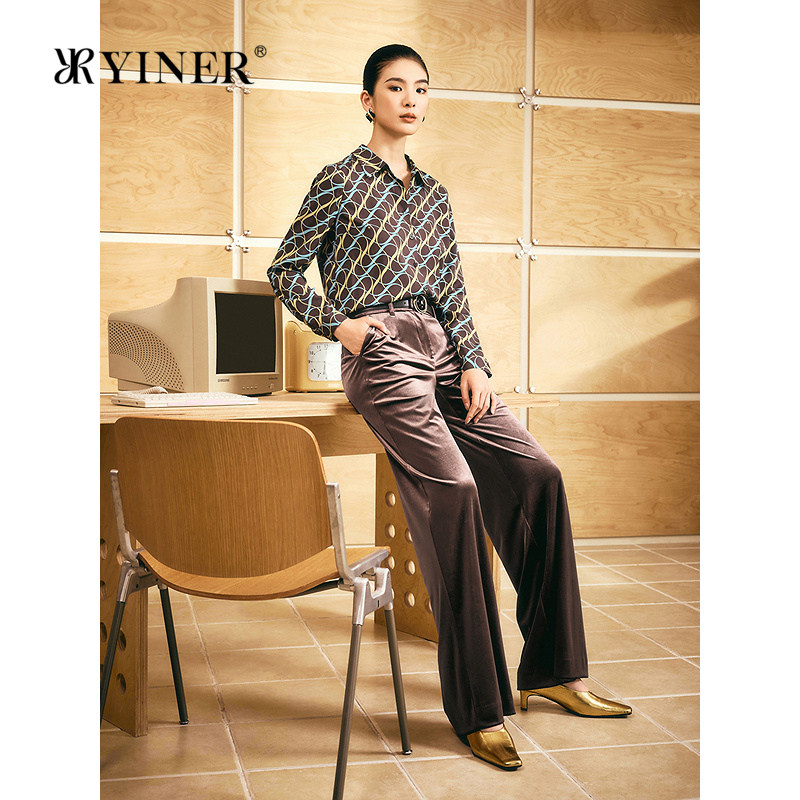YINER音儿女装秋季1996系列艺术印花斜纹绉蚕丝衬衫