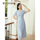 YINER音儿专选2025夏季 V领蝶恋花蕾丝花边微收腰连衣裙 新款 法式