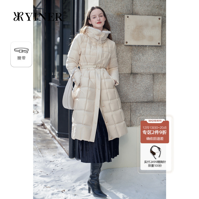 YINER音儿专选女装冬季长款黑科技发热保暖水貂毛条立领羽绒服