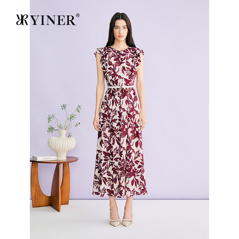 YINER音儿2026夏季新款艺术感印花荷叶边无袖桑蚕丝收腰连衣