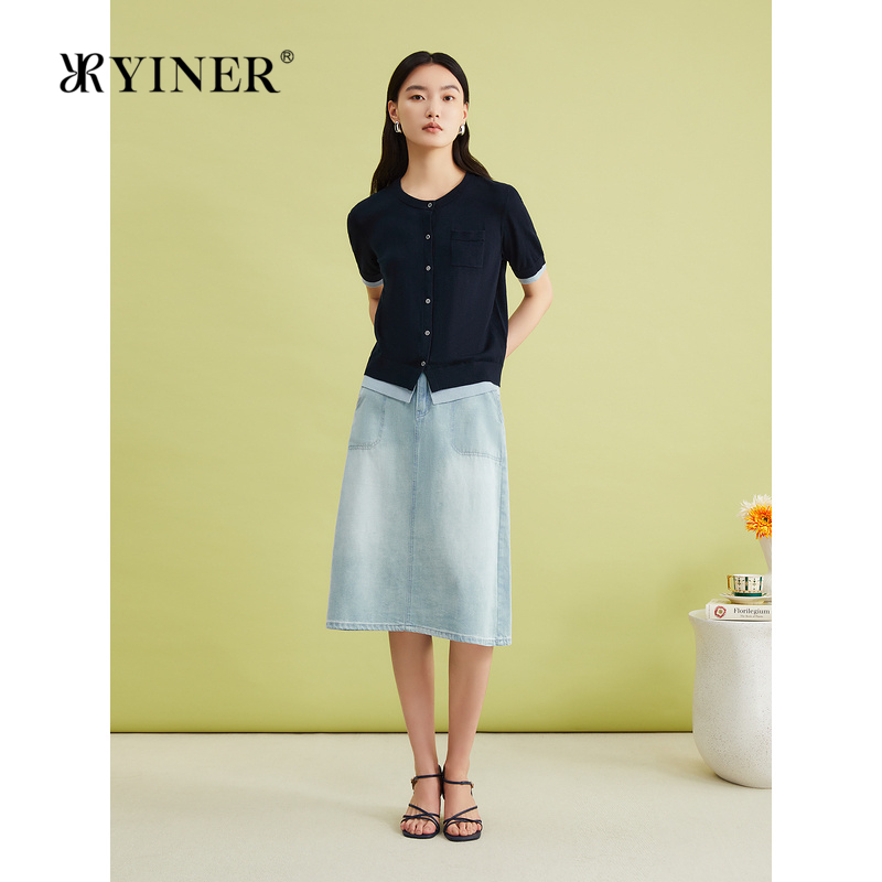 YINER音儿专选女装夏季法式优雅短袖撞色蚕丝羊毛针织开衫上衣