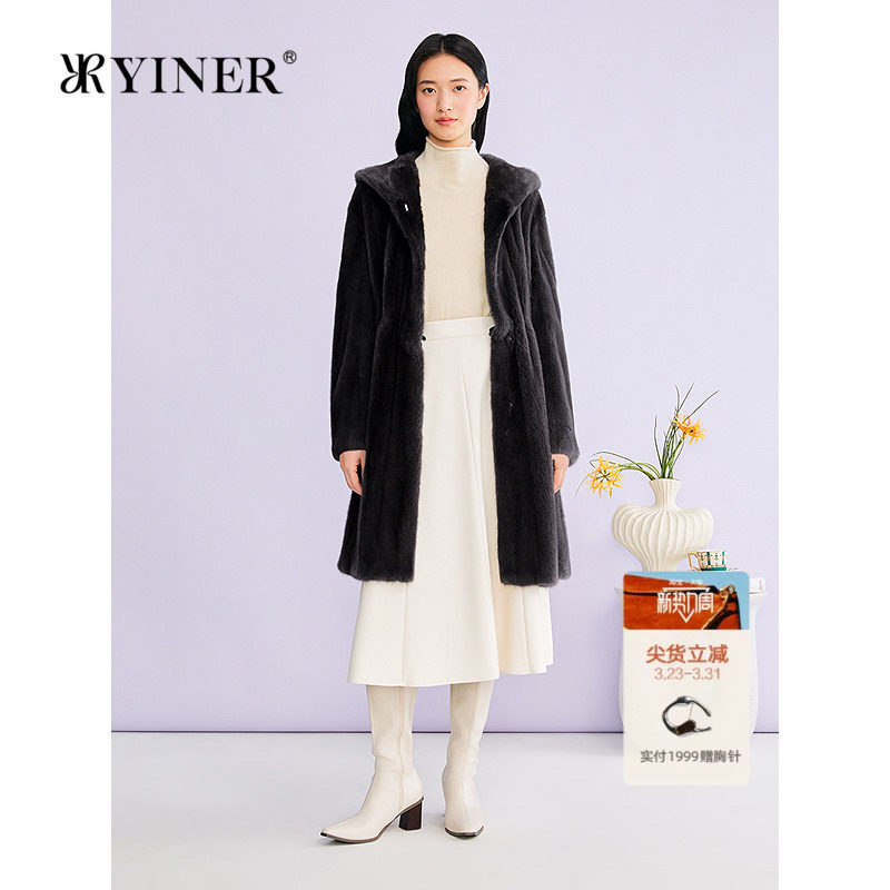 YINER音儿专选2025冬季新款中长款连帽整貂母貂水貂毛皮草外