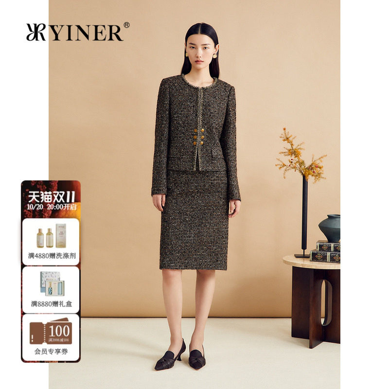 YINER音儿秋季羊毛金色亮纱小香风粗花呢短外套