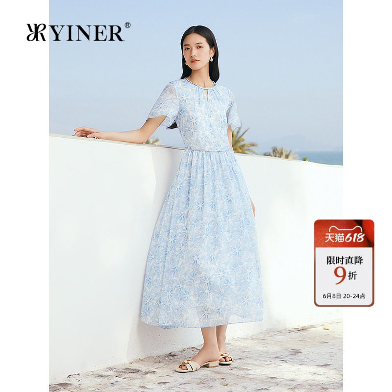 YINER音儿专选女装夏季镂空小V领虞美人方格雪纺纱印花连衣裙