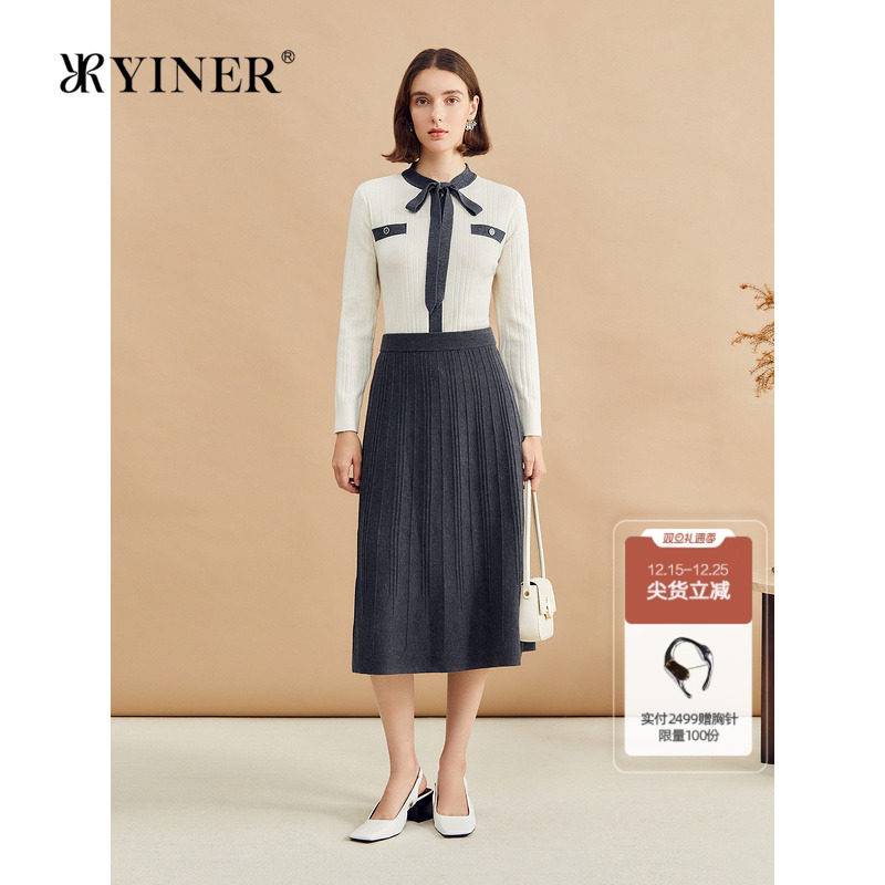 YINER音儿专选冬季法式撞色飘带领羊毛混纺针织衫套头