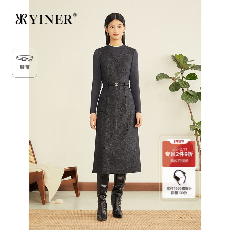 YINER音儿专选2025冬季新款法式闪丝羊毛混纺半高领假两件连