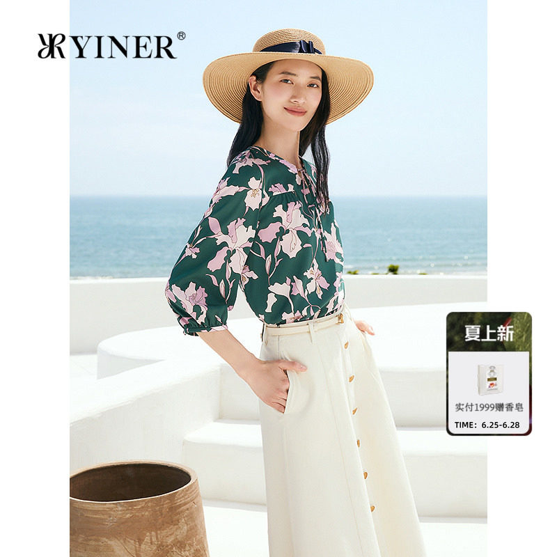 YINER音儿女装秋季法式艺术印花半开领桑蚕丝衬衫上衣
