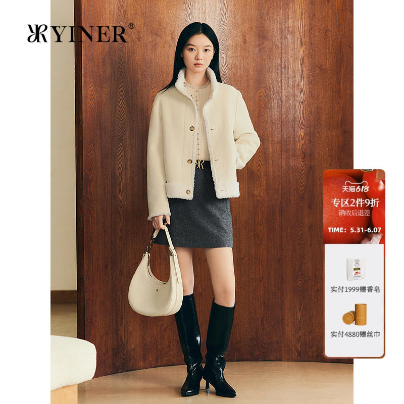 YINER音儿专选女装冬季澳洲全羊毛仿拉菲皮毛一体两面穿外套