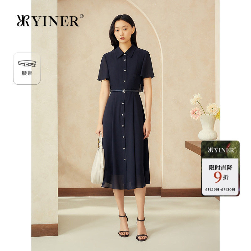 YINER音儿专选女装夏季复古翻领透气雪纺衬衫领收腰连衣裙