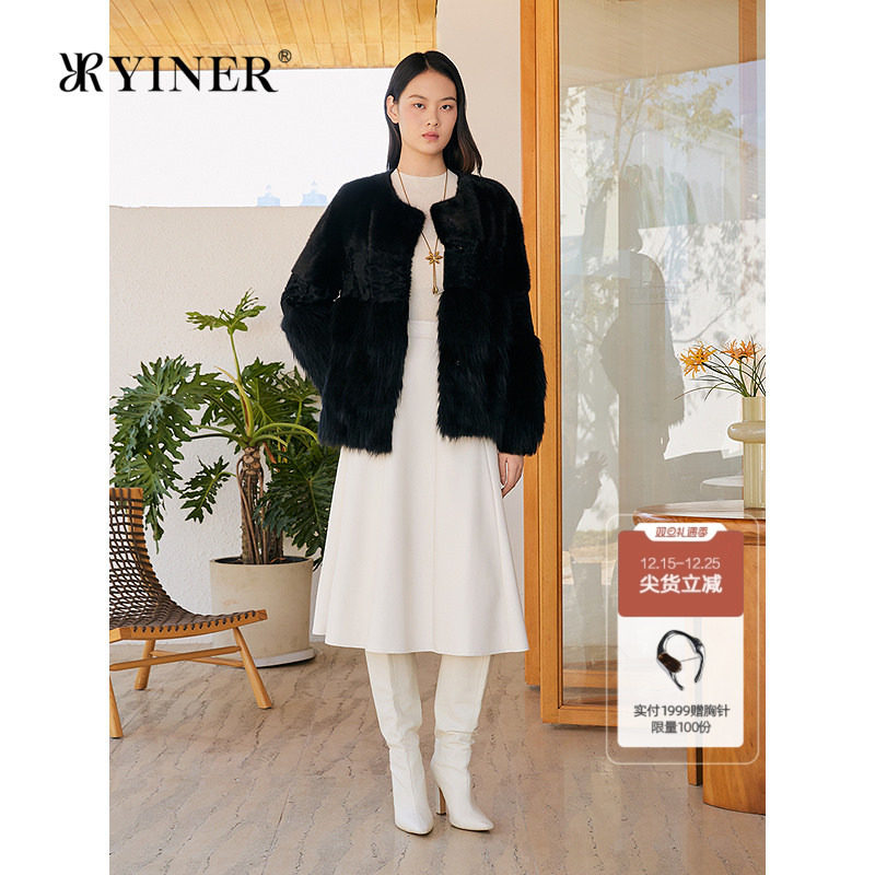 YINER音儿专选2025冬季新款优雅貉子毛拼羊毛拼水貂毛皮草外