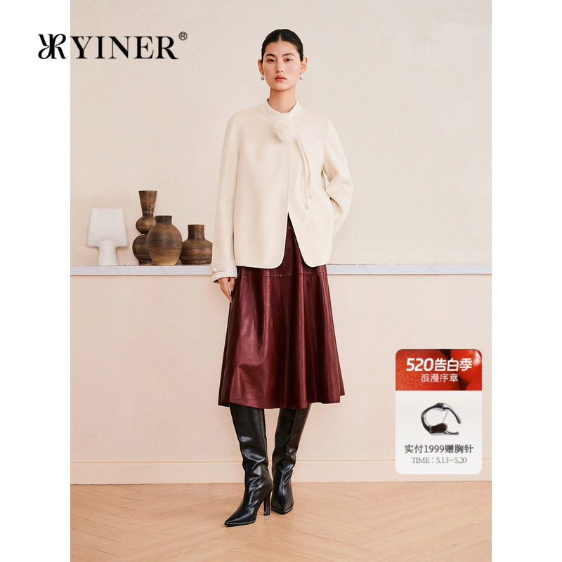 YINER音儿专选女装春季新中式立领羊毛羊绒混纺短款毛呢外套