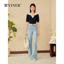 YINER音儿专选2025夏季新款法式复古亮丝撞色双层海军领毛针织衫