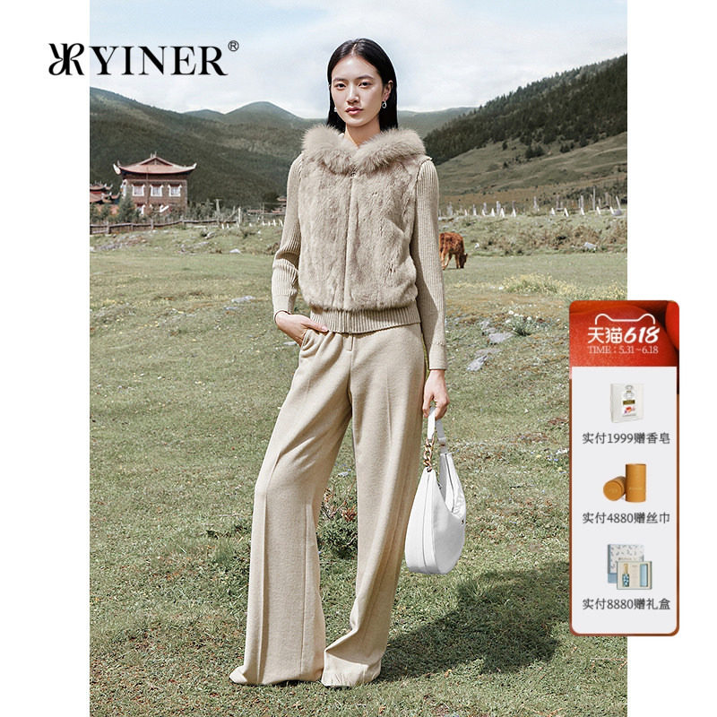 YINER音儿女装冬季水貂拼接羊毛混纺针织狐狸毛领皮草外套