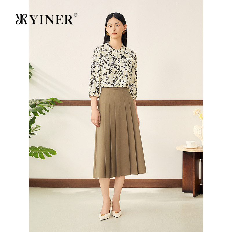 YINER音儿女装秋季法式复古褶艺亚麻质感垂顺肌理A字摆半身裙