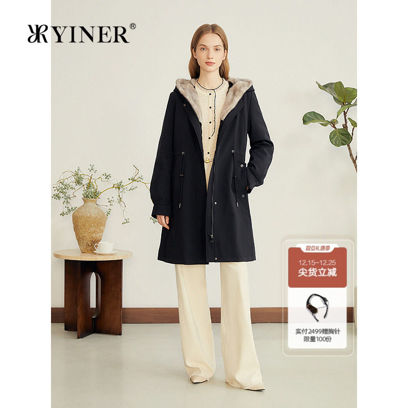 YINER音儿专选女装冬季中长款抽绳收腰水貂毛连帽派克服皮草