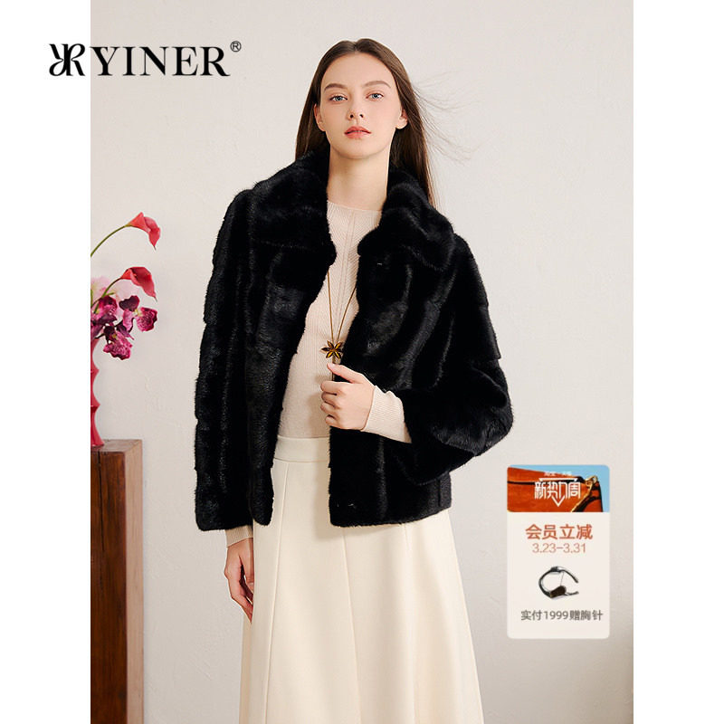 YINER音儿专选2025冬季新款法式奢感母貂毛翻领LOGO钩扣