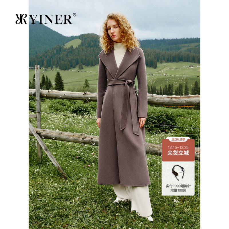 【100山羊绒】YINER音儿冬季双面毛呢大衣宽边翻领外套