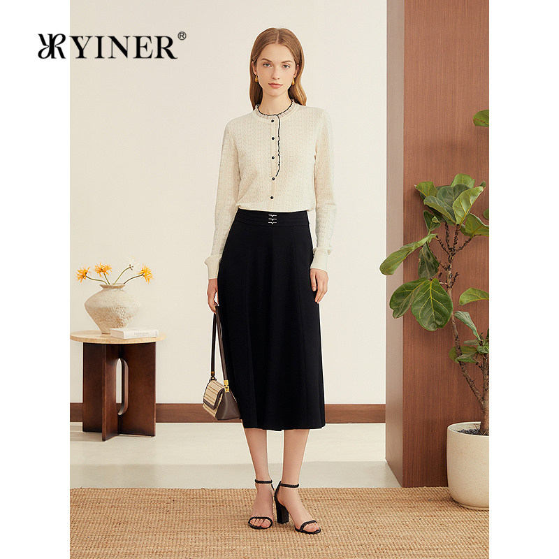 YINER音儿专选女装秋季气质通勤新中式提花撞色木耳边拼接针织衫
