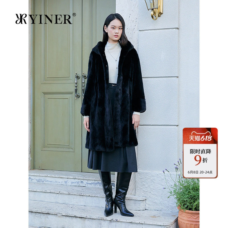 YINER音儿专选女装冬季奢感长款连帽整貂母貂水貂毛皮草外套
