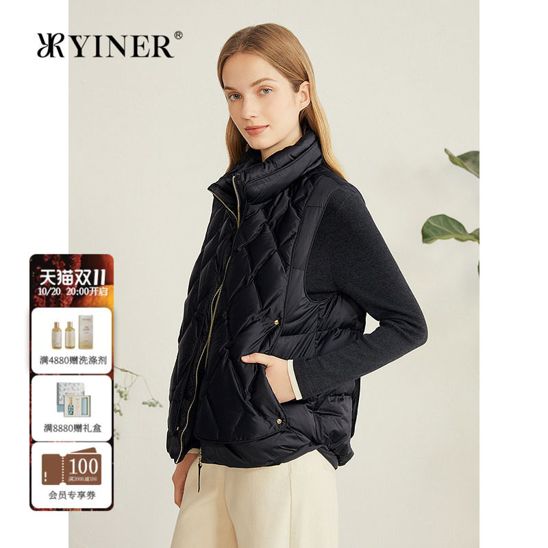 YINER音儿专选女装秋季柔润缎面菱格纹风琴褶门襟百搭羽绒马甲