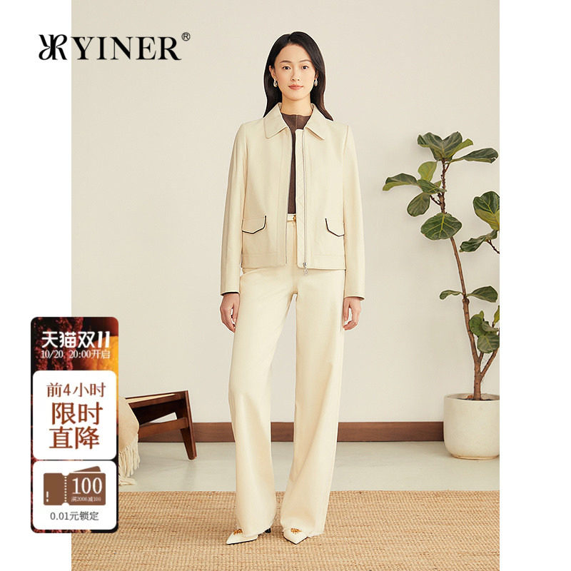 YINER音儿专选女装秋柔软肌理翻领短款绵羊真皮皮衣夹克外套
