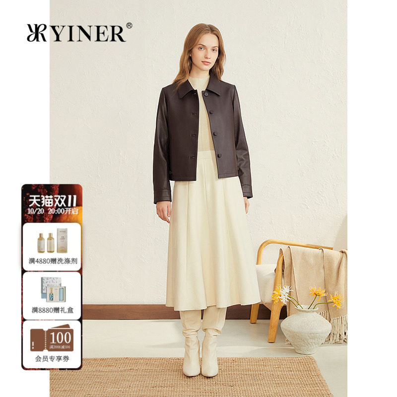 YINER音儿专选女装通勤法式花瓣翻领短款绵羊真皮皮衣夹克外套女