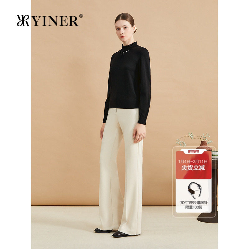 YINER音儿专选冬季法式钉珠木耳花边半高领美丽诺羊毛针织衫套头