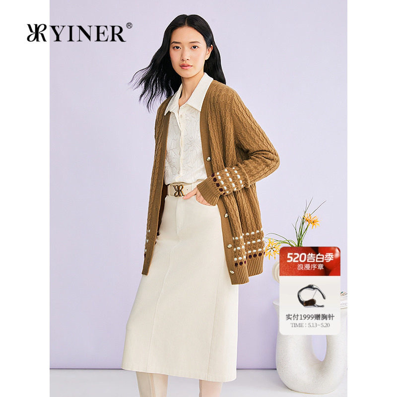 YINER音儿专选2026春季新款法式一手长V领羊毛羊绒混纺针织