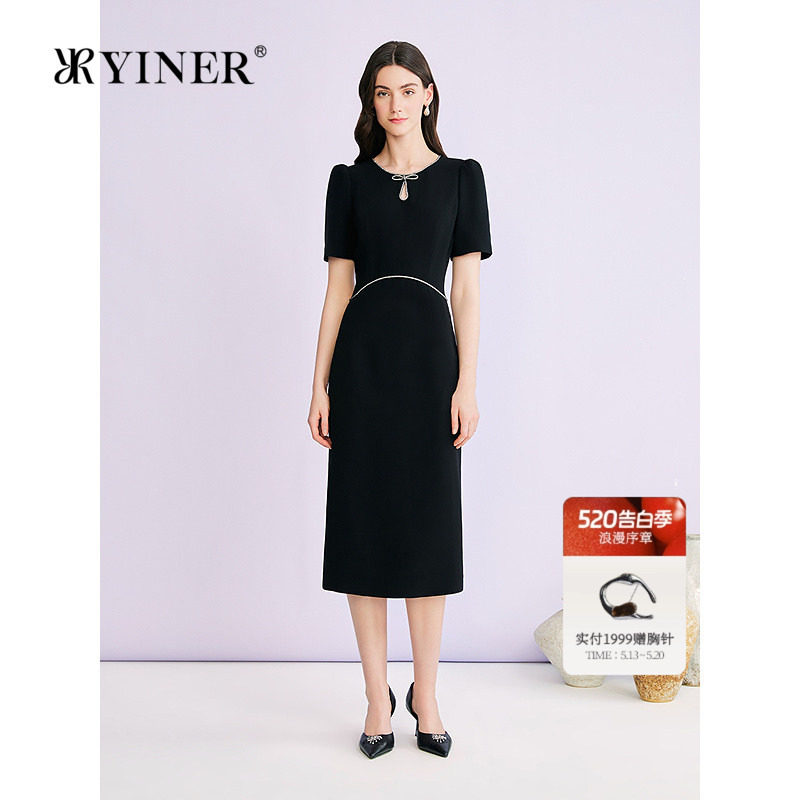 YINER音儿专选2026夏季新款时尚钉珠蝴蝶结装饰醋酸混纺连衣