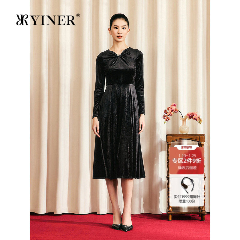 【1996系列】YINER音儿2025秋季新款丝绒哑光肌理感三醋酸连衣裙,女装/女士精品,连衣裙,淘宝优惠券,粉丝福利购,淘宝优惠卷
